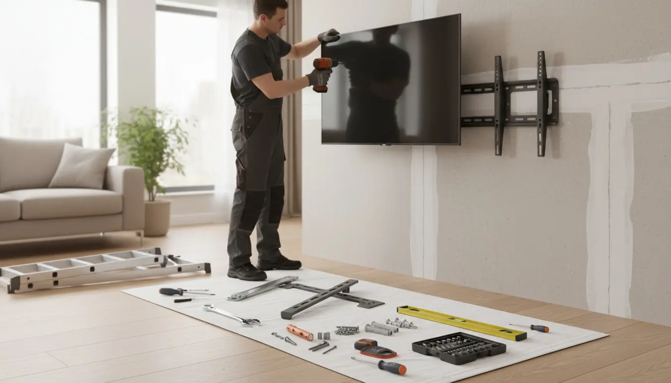 Håndværkere monterer et stort fladskærms-tv på en dobbelt gipsvæg med beslag og værktøj fremme.