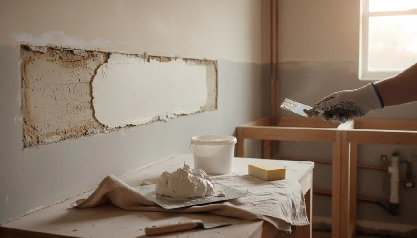 Hænder pudser en tidligere flisebelagt, cirka to meter lang vægstribe i et lille køkken.