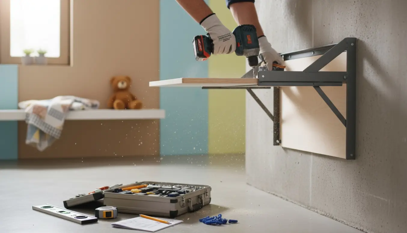 Hænder monterer et væghængt puslebord på en betonvæg med boremaskine og rawlplugs.