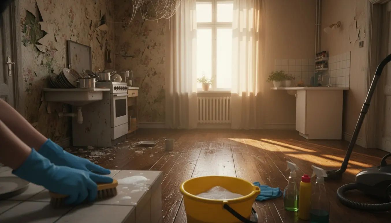 En ældre lejlighed midt i grundig hovedrengøring med handske, spand og klud.