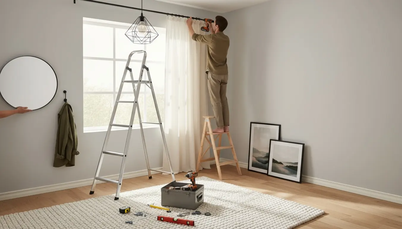 Håndværker monterer gardiner, lamper og spejl i en lys stue med værktøj på gulvet.