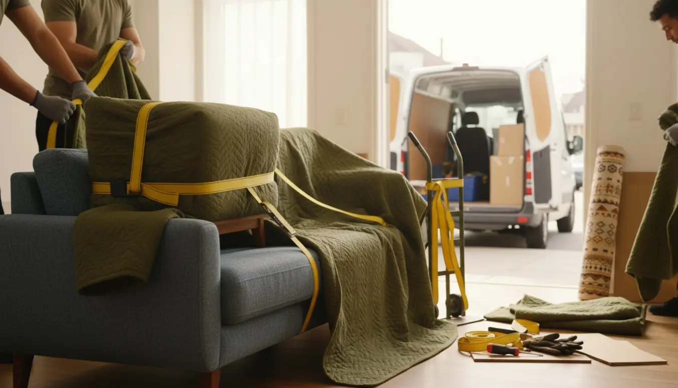 Indpakket sofa, to møbler og et rullet gulvtæppe klar til afhentning ved en åben flyttevogn.