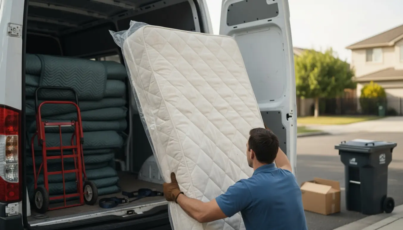 To personer læsser en brugt springmadras ind i en varevogn på en boligvej.