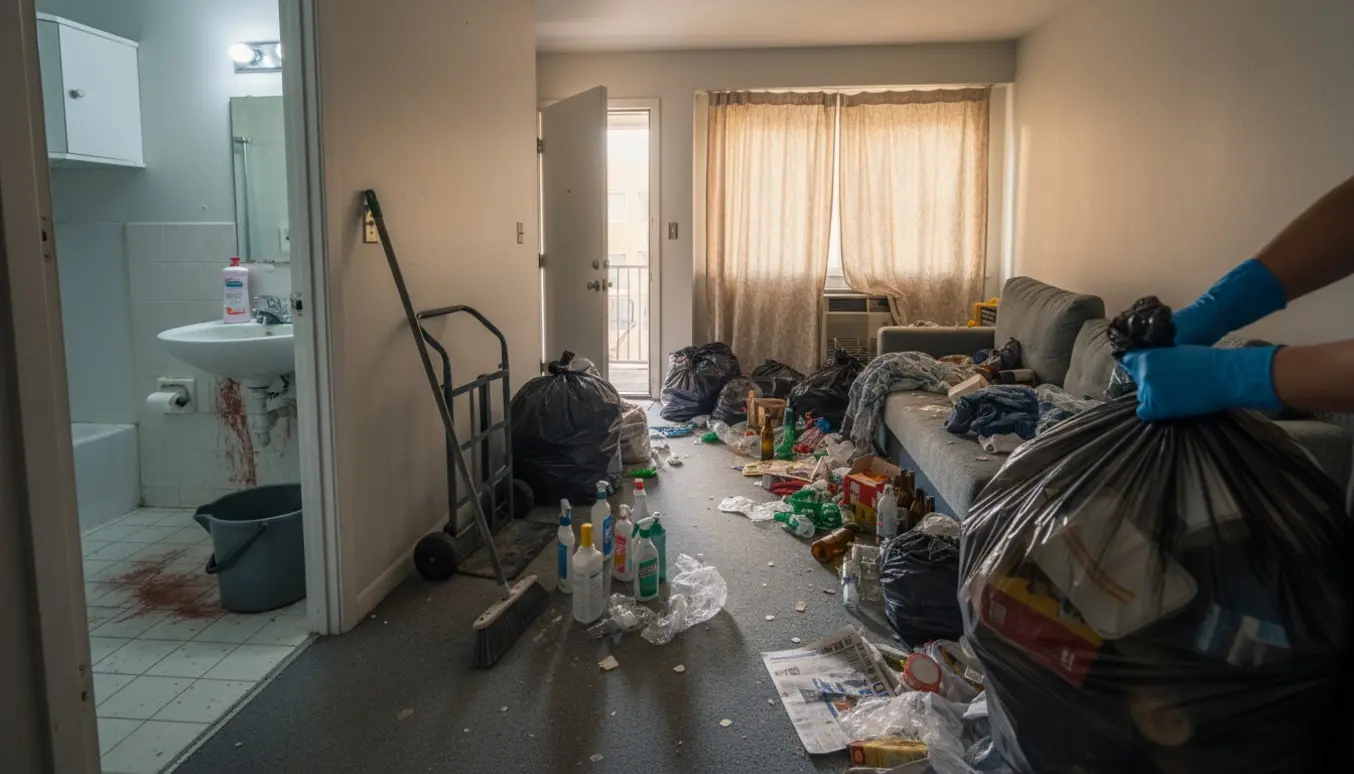 Rydning af meget beskidt lejlighed med bunker af affald og rengøringsudstyr.