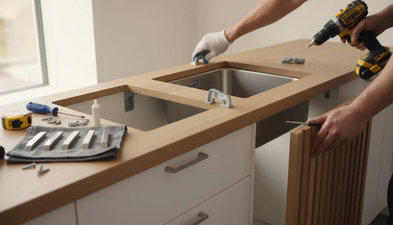 Nærbillede af montering i køkken: en færdigskåret bordplade sættes på plads omkring vaskens udskæring, paneler fastgøres på benene og greb ligger klar til montering.
