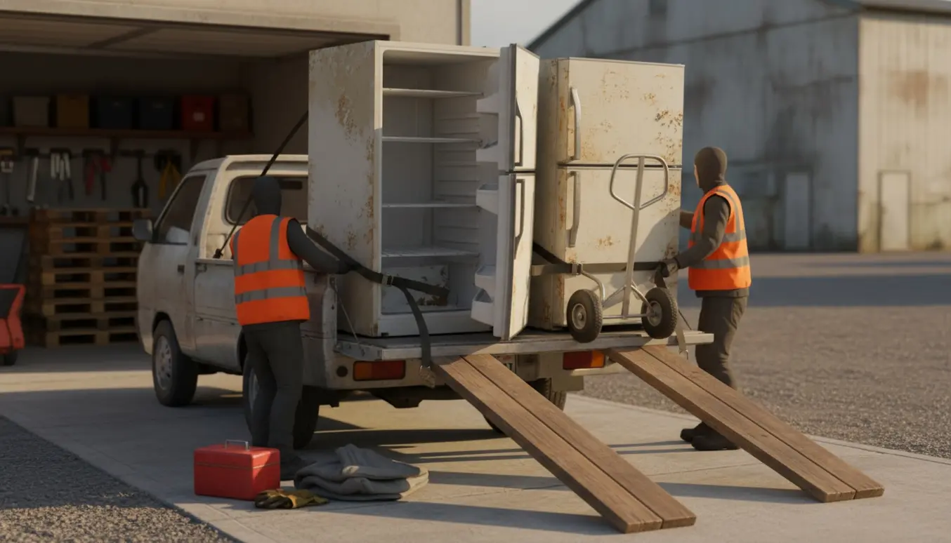 To defekte køleskabe læsses op på en pickup ved en indkørsel med værktøj og løfteudstyr ved siden af.