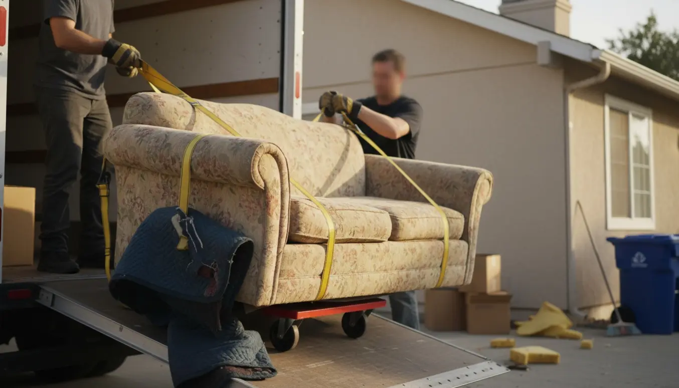 En slidt sofa bliver løftet ind i en flyttebil på indkørslen, ansigter er ude af fokus.