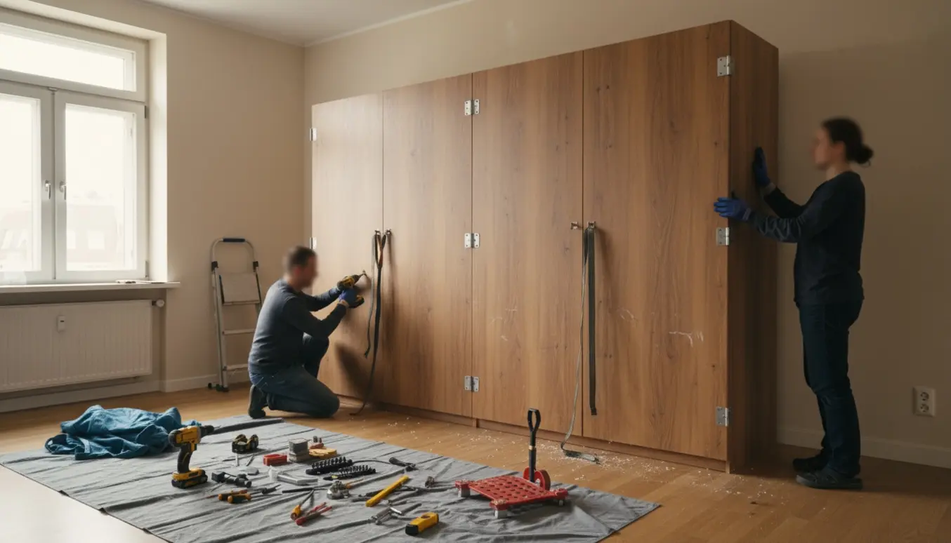 To personer tager et bredt garderobeskab ned i en lys lejlighed, kun hænder og slørede profiler synlige.