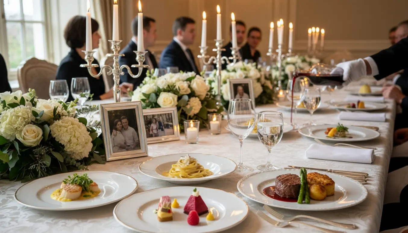 Langt elegant bord dækket til sølvbryllup med sølvdetaljer, fine anrettede retter og slørede gæster i baggrunden.
