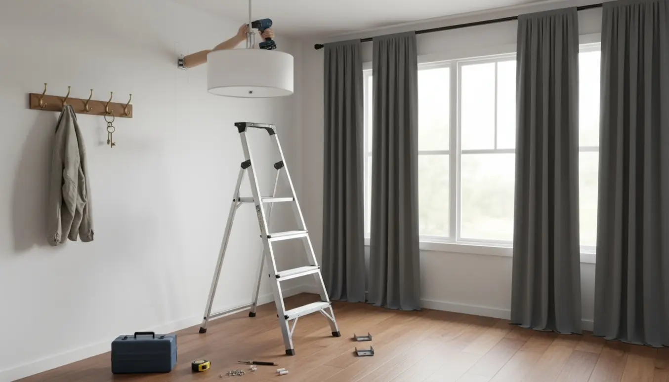 Montering af en loftslampe i et soveværelse med tre mørklægningsgardiner og en ny knagerække.