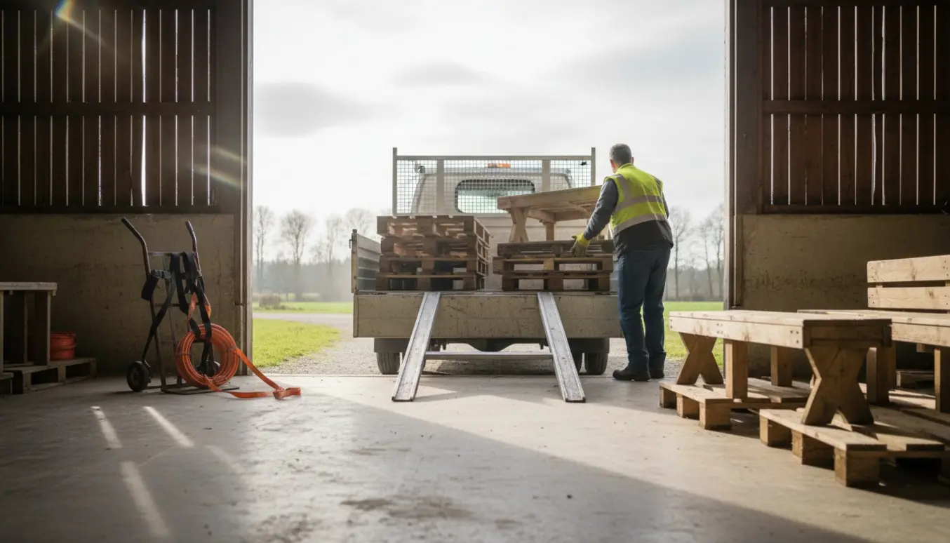 Lastebil læsser bænke og paller fra en lade, med handtruck og arbejdshænder synlige.