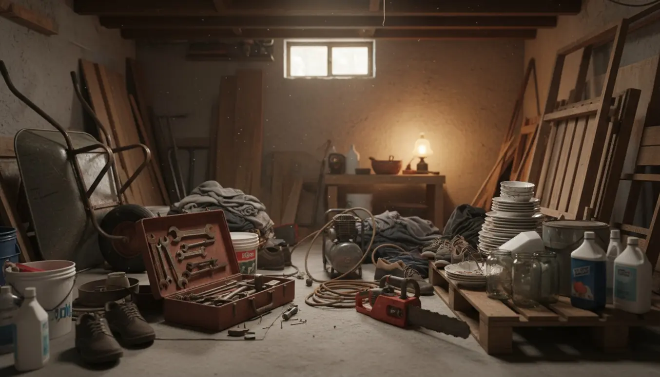 Rodet kælder på cirka 25 m² fyldt med værktøj, møbler og husholdningsskrammel.