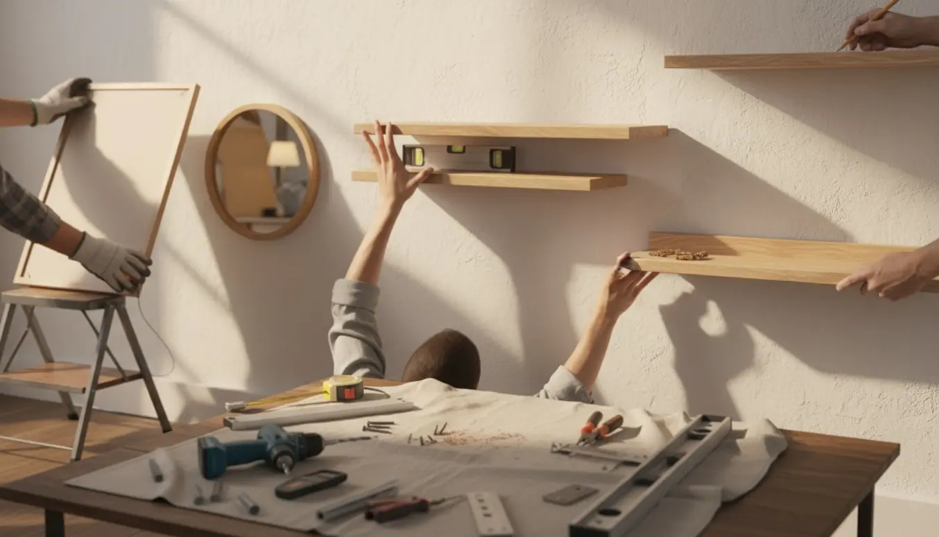 Hænder hænger tre små hylder, et lille rundt spejl og et indrammet billede op på en lys væg.