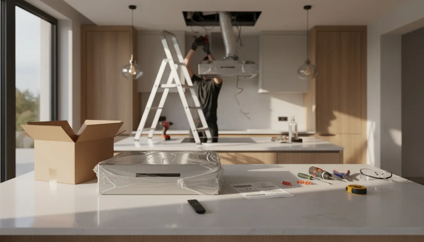 Gloveklædte hænder på en stige fjerner en gammel loftemhætte mens ny emhætte og fjernbetjening ligger klar på køkkenbordet.