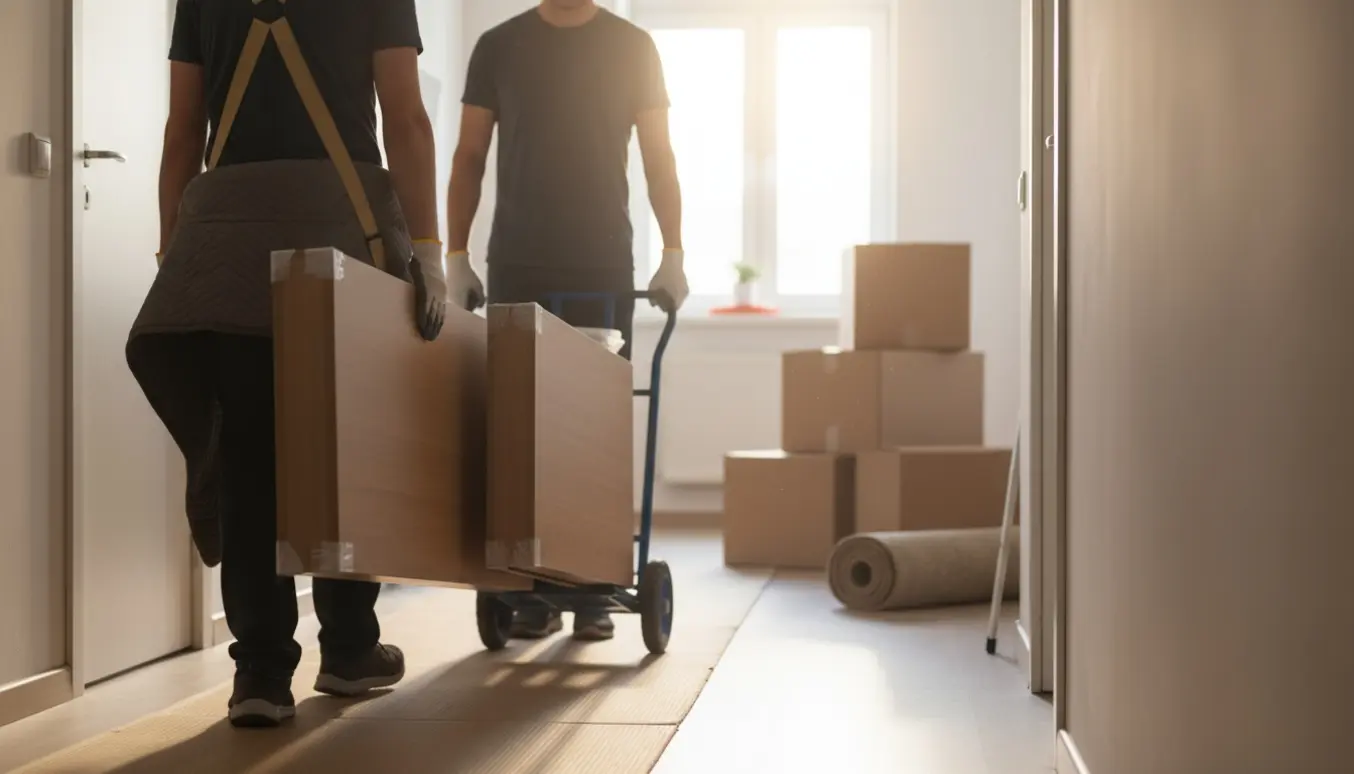 Fem reoldele bæres ind gennem en lys entré på en møbelvogn, med handsker og løftestropper i fokus.