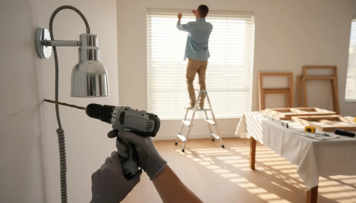 Person hænger lamper, en persienne og billeder op i en lys stue med værktøj og stige.