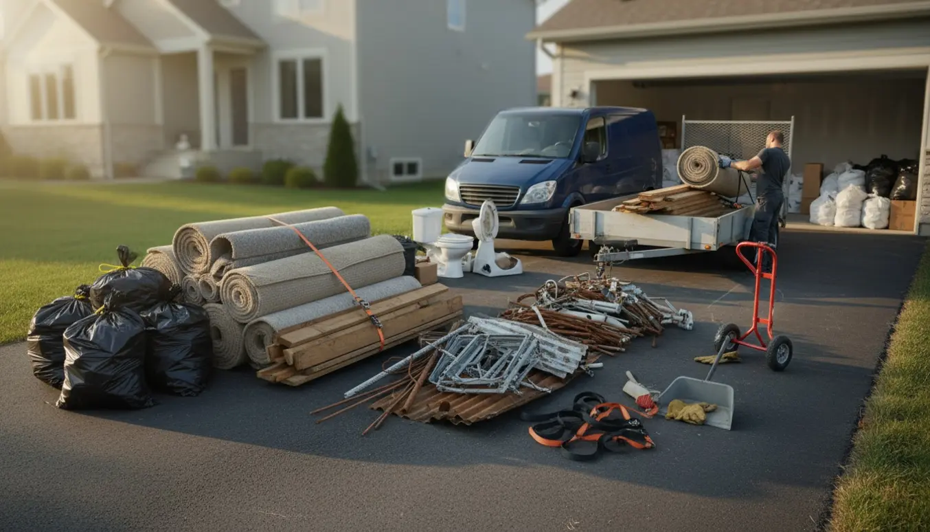 Indkørsel fyldt med renovationsaffald — sække, rullede tæpper, træ og metal klar til afhentning.