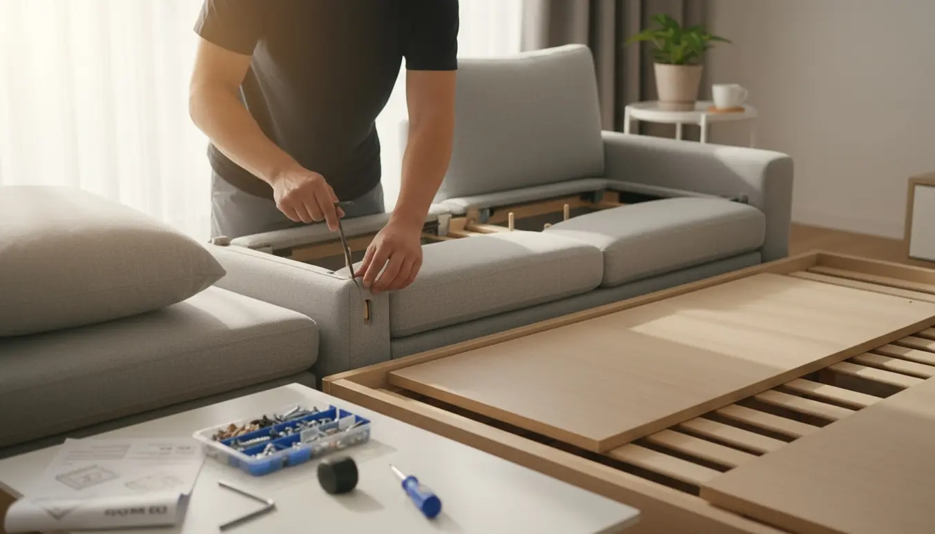 En håndværker samler en modulsofa og en platformseng i et lyst, moderne rum.