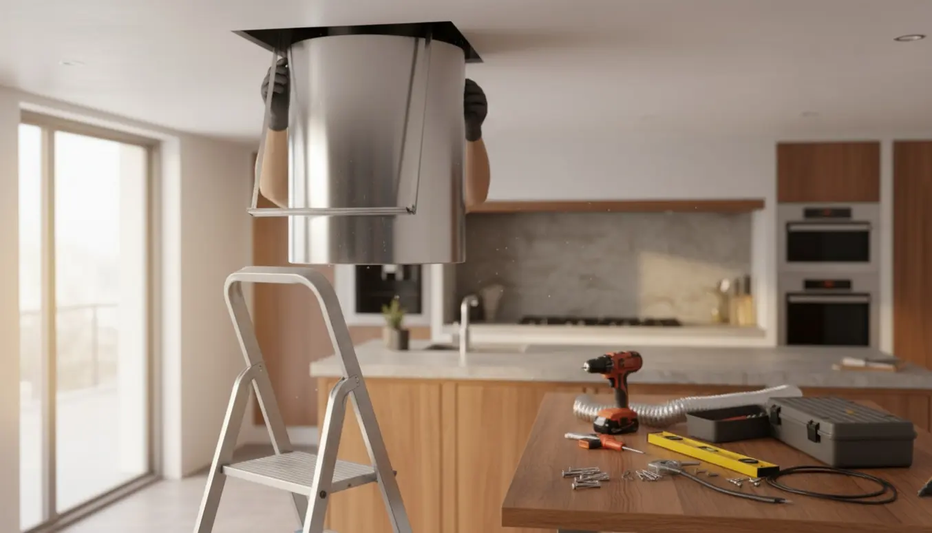 Installatør monterer en moderne loftemhætte i et lyst køkken, kun hænder og værktøj synlige.