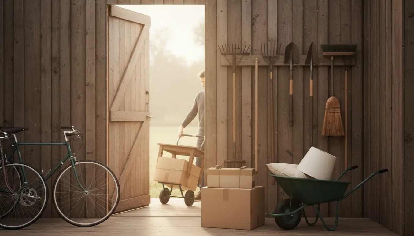 Et cykelskur ved en åben dør med to cykler, stabler af papkasser og nogen der bærer et sofabord, mens haveredskaber står urørt.