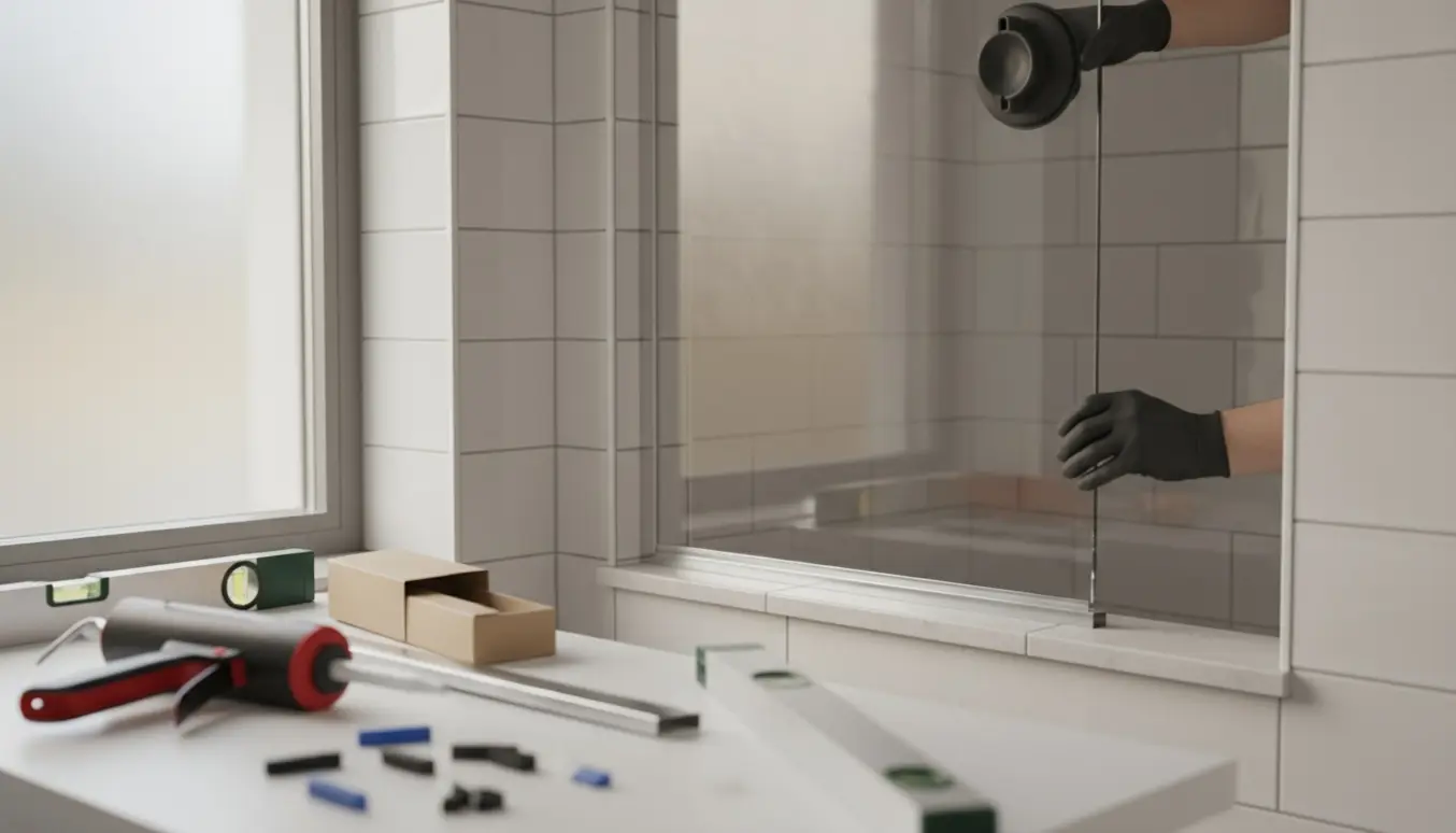 Hænder monterer en høj brusevæg i et flisebadeværelse med bundliste og værktøj klar.