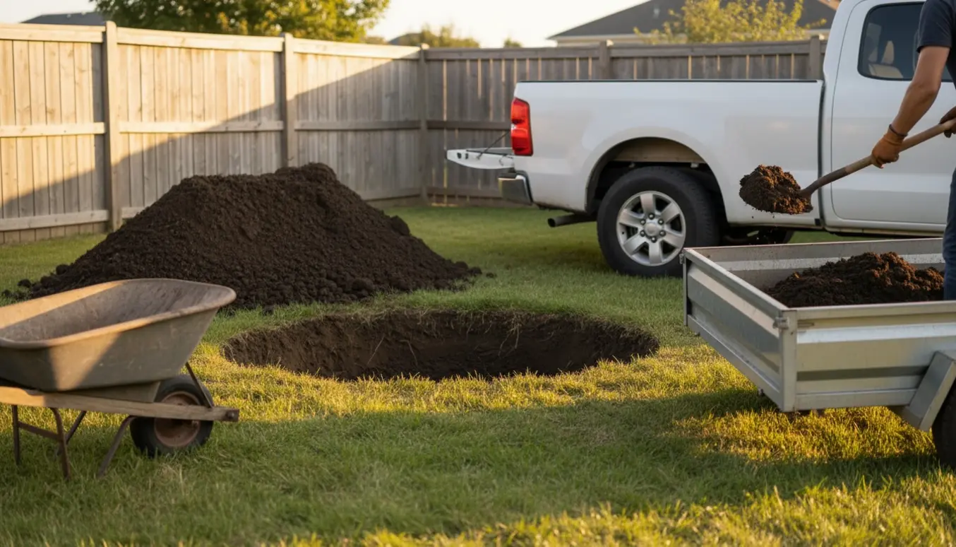 Trailer og skovl læsser udgravet jord fra en trampolin i en villahave.