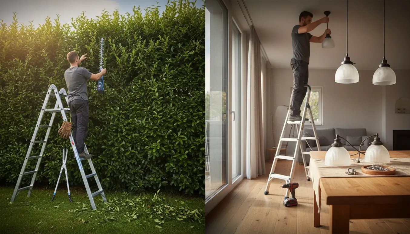 Udsnit med en person på stige ved en høj hæk og en anden, der fjerner tre loftslamper indendørs, uden tydelige ansigter.