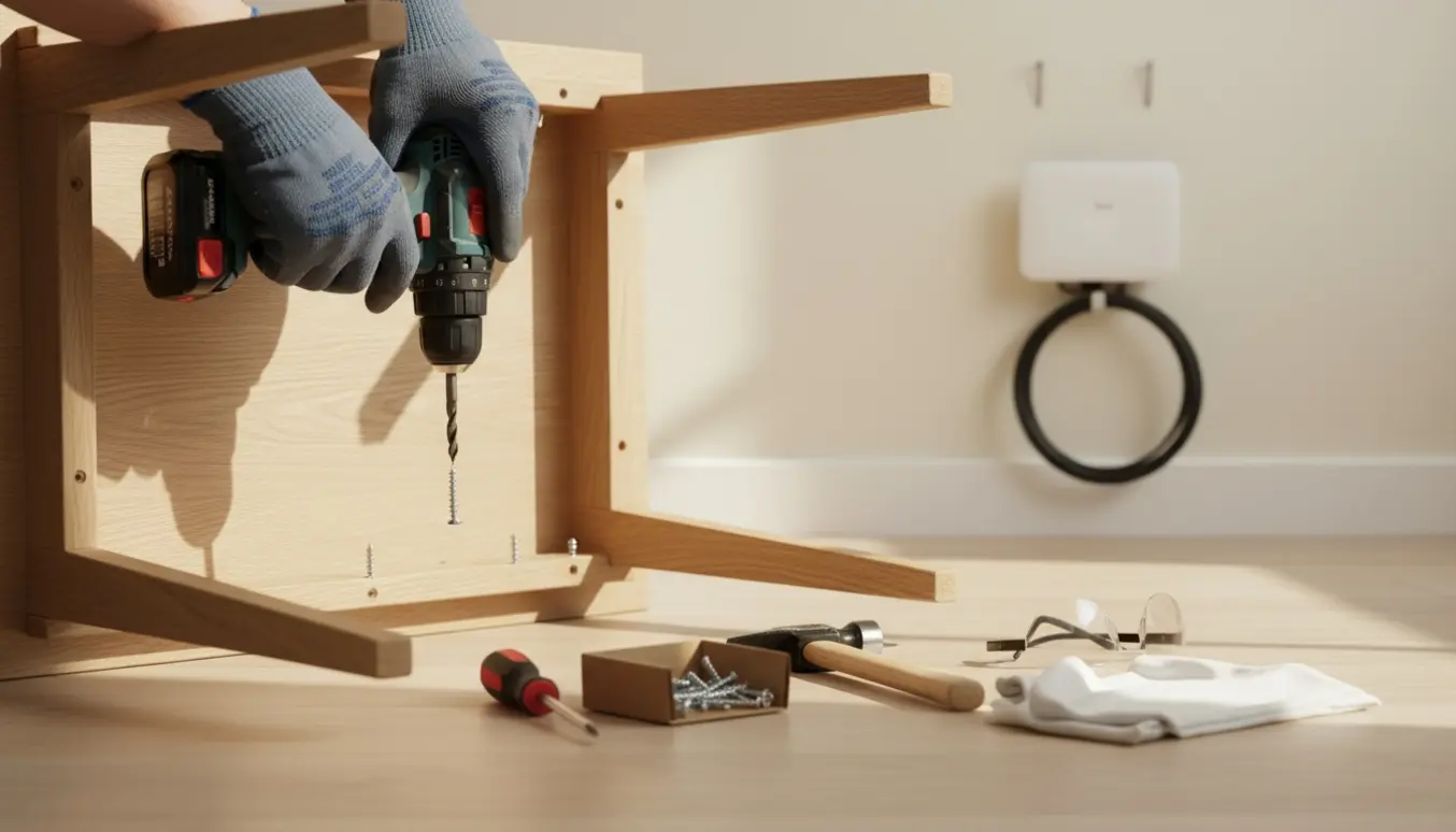 Nærbillede af et bord, hvor fire ben skrues fast med værktøj, og en router hænger på to små søm i væggen.