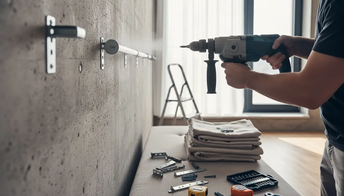 Montør borer i betonvæg ved et smalt vindue for at montere gardiner, med slagboremaskine og ni gardiner klar.