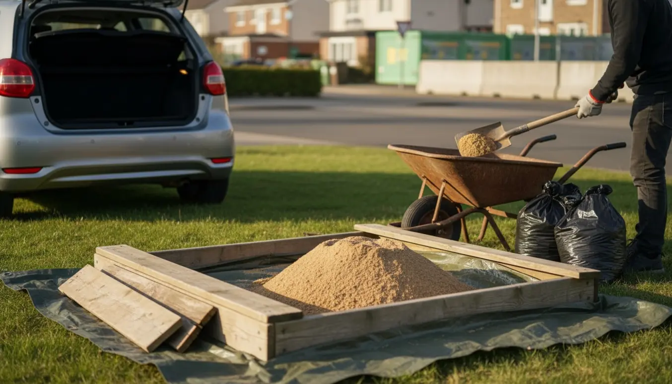 Sand og en delvis adskilt sandkasse med skovl, trillebør og fyldte sække klar til genbrugsstationen.