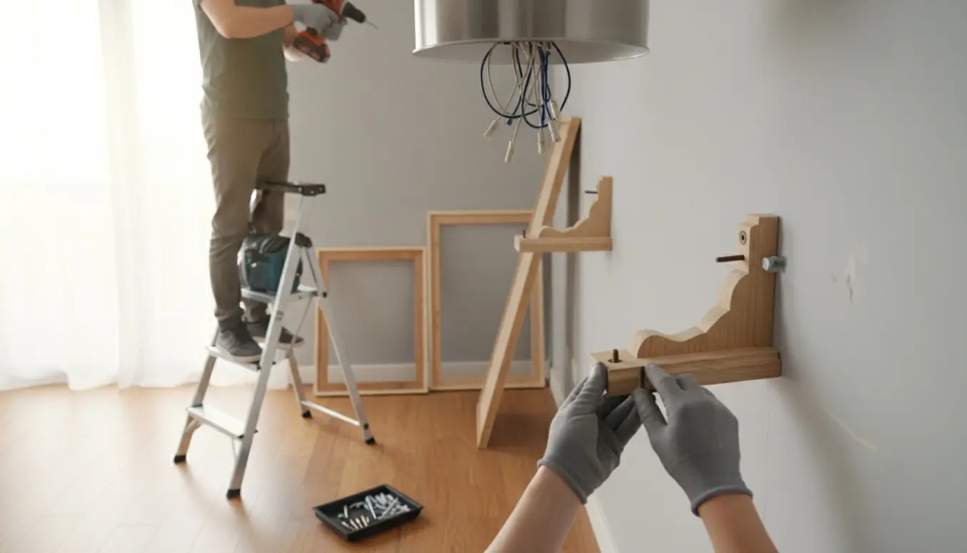 Hænder på en stige fjerner en loftslampe med en skruemaskine, mens hylder og billedrammer ligger klar mod væggen.