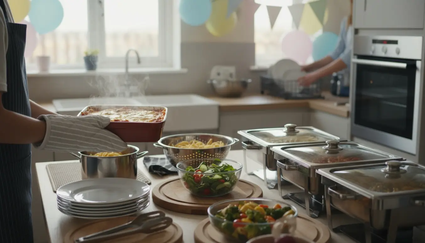 Buffet i hjemmekøkken med lasagne, kogt pasta og hænder, der dækker op til en ungdomsfest.