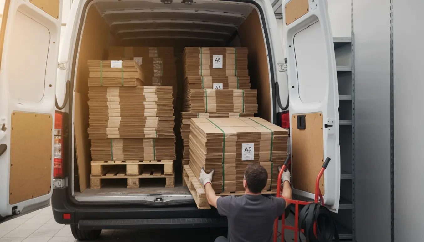 Åben varevogn ved et lille lagerrum med stabler af flade A5- og A3-kartoner klar til flytning.