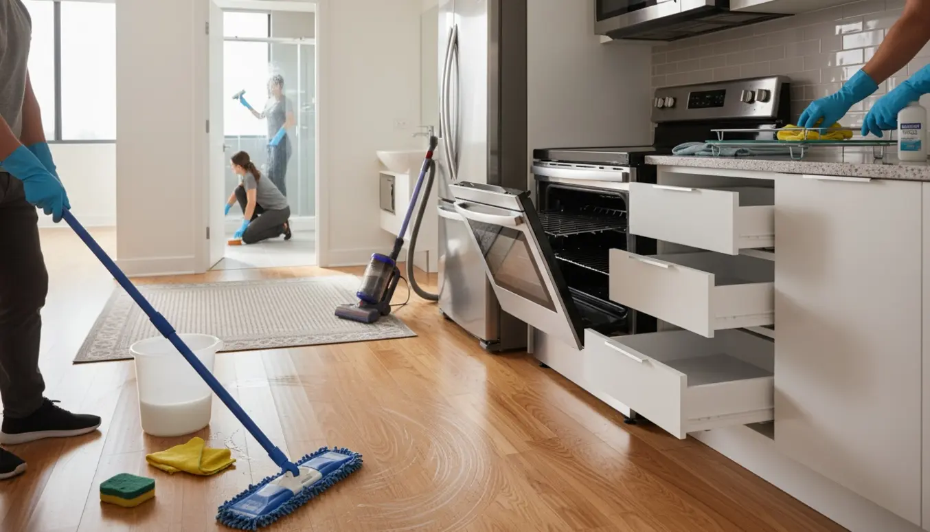 Grundig hovedrengøring af en fraflyttet lejlighed med moppning, støvsugning og rengøring af køkken og bad.