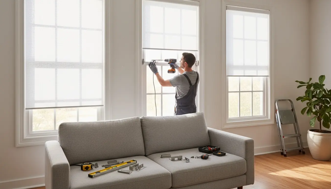 Hænder monterer tre rullegardiner i en lys, moderne stue med værktøj og trappestige.