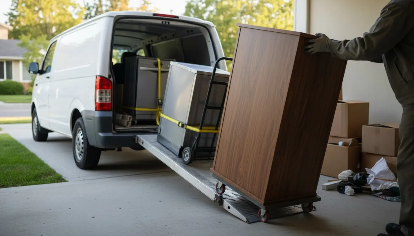 Lastning af et tre meter langt skab, en opvaskemaskine og affald fra en carport ind i en varevogn.