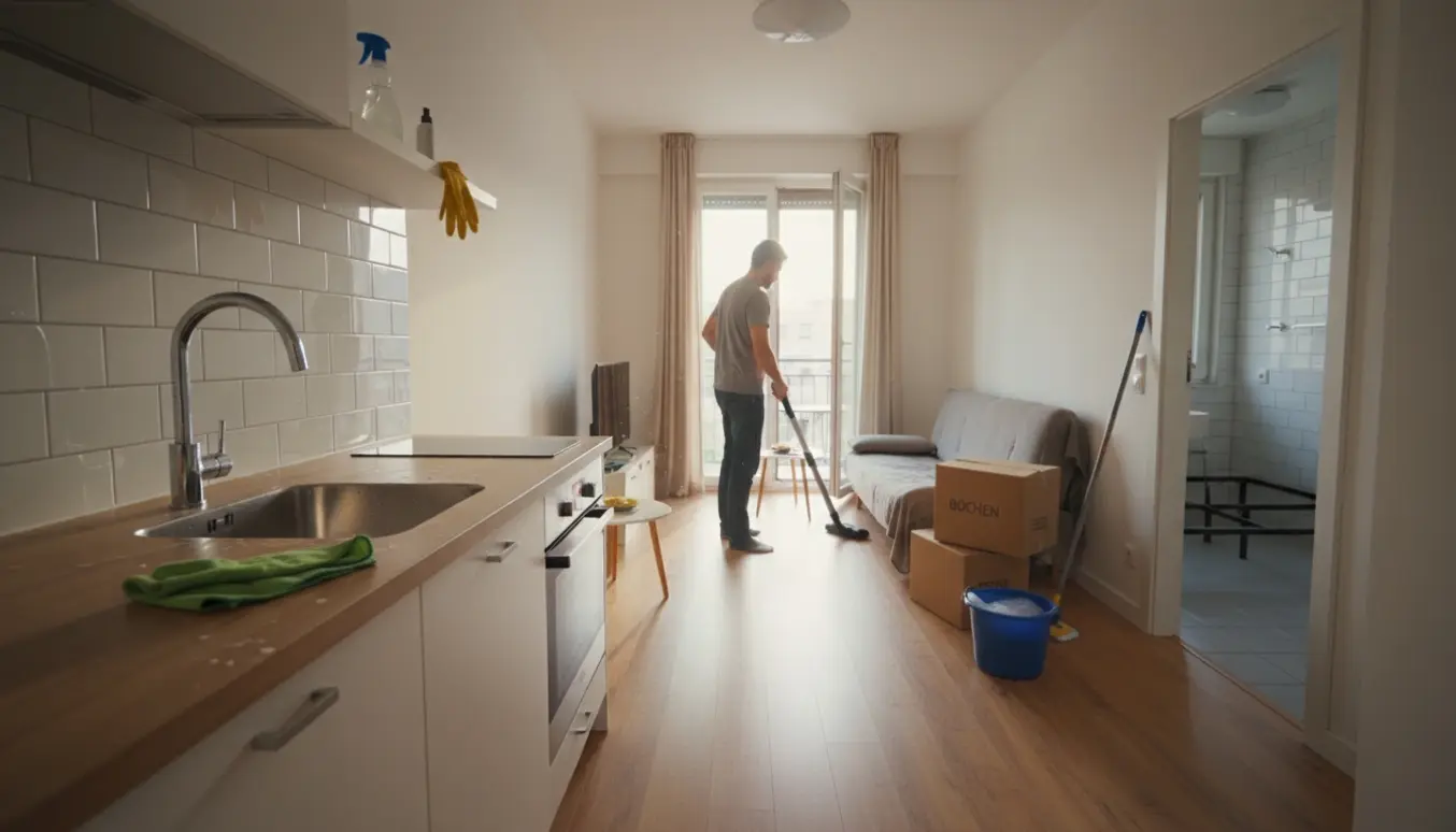 Person støvsuger og gør hovedrengøring i en lille lejlighed klar til udflytning i varmt dagslys.