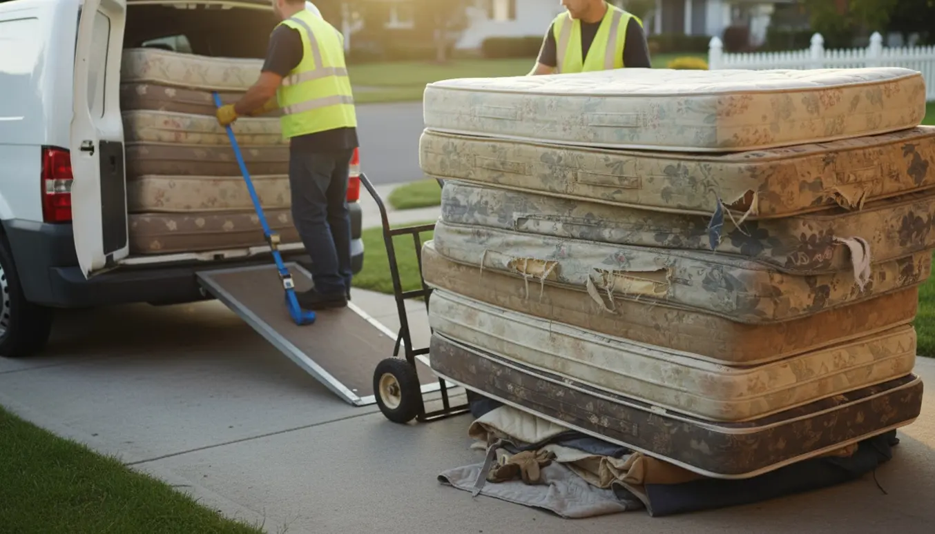 Beskidte madrasser læsses op i en varevogn ved fortovet af arbejdere med handsker.