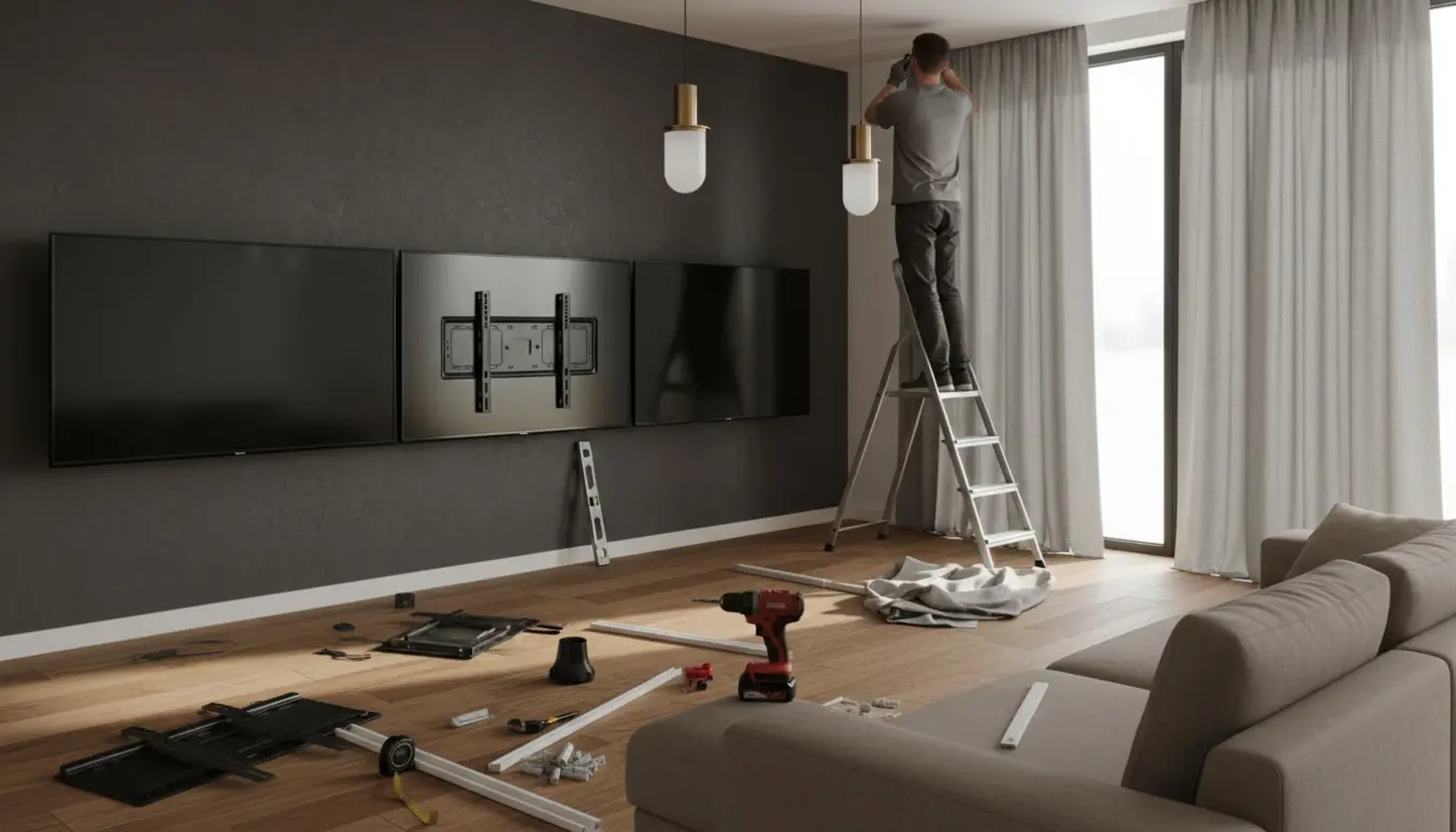 Tre fladskærme monteret på en væg i en stue, gardiner delvist opsat og lamper ved at blive installeret.