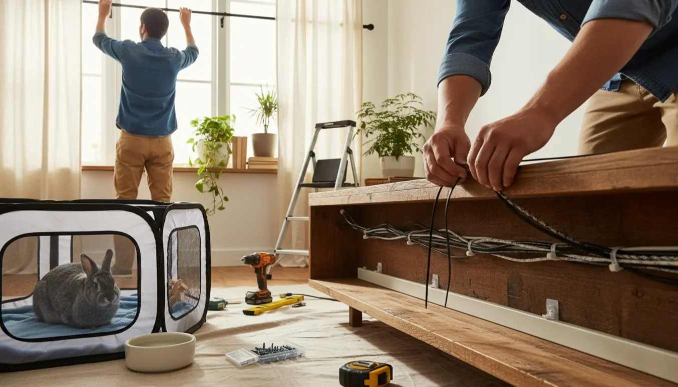 En stue hvor kabler organiseres, en kanin sidder trygt i et lille hegn, og gardinstang samt hylde monteres.