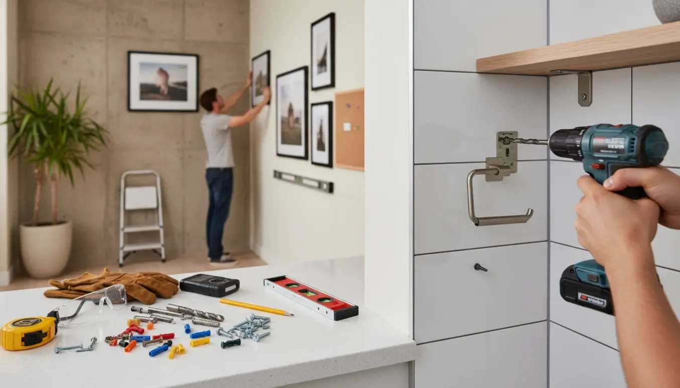 Nærbillede af hænder og værktøj, der monterer hylder, billeder og toiletrulle-holder på gips- og betonvægge i et lyst hjem.