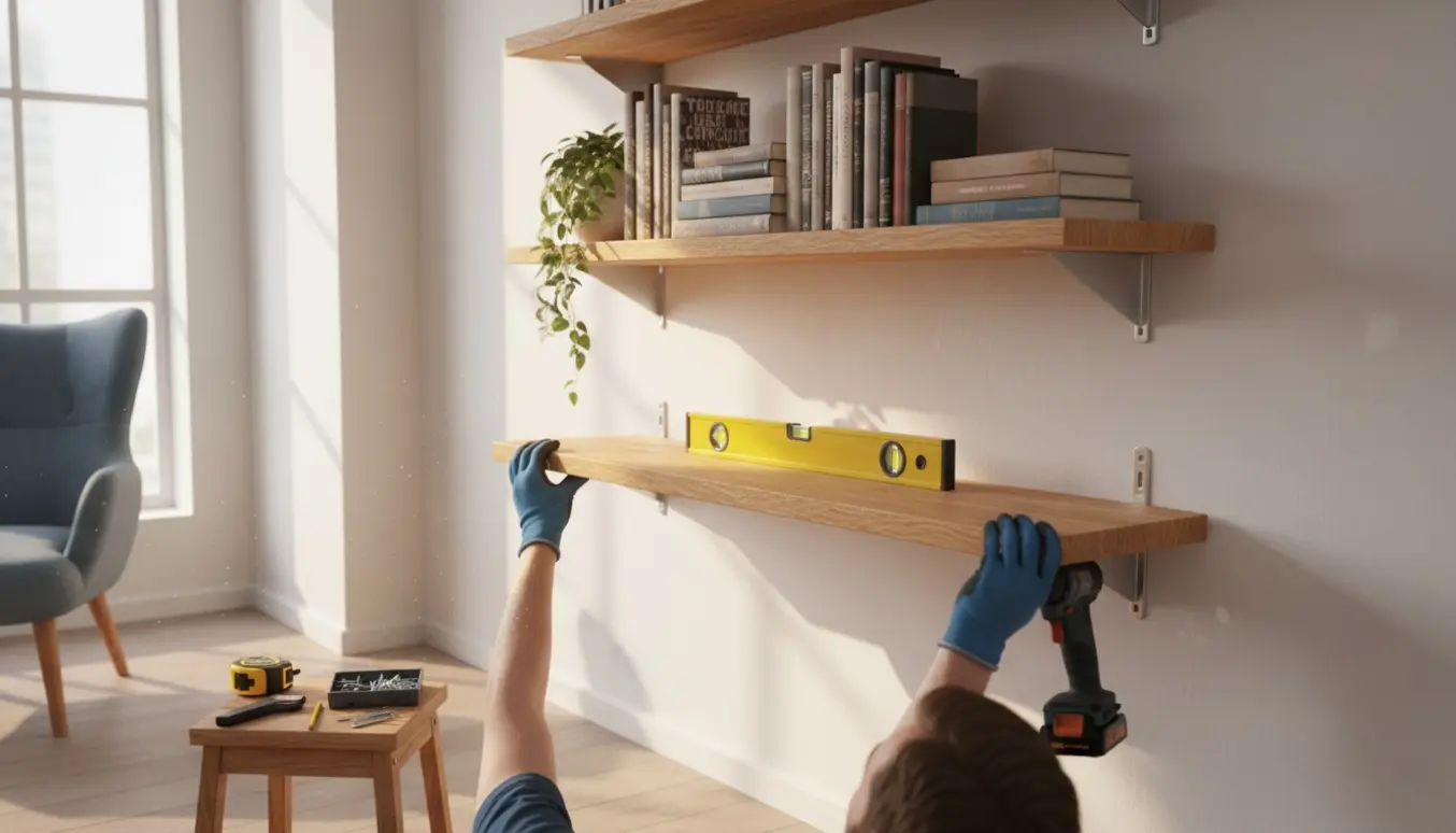 Tre bogkasser hænges op på en væg med værktøj som boremaskine, vaterpas og skruer i et lyst stueinteriør.
