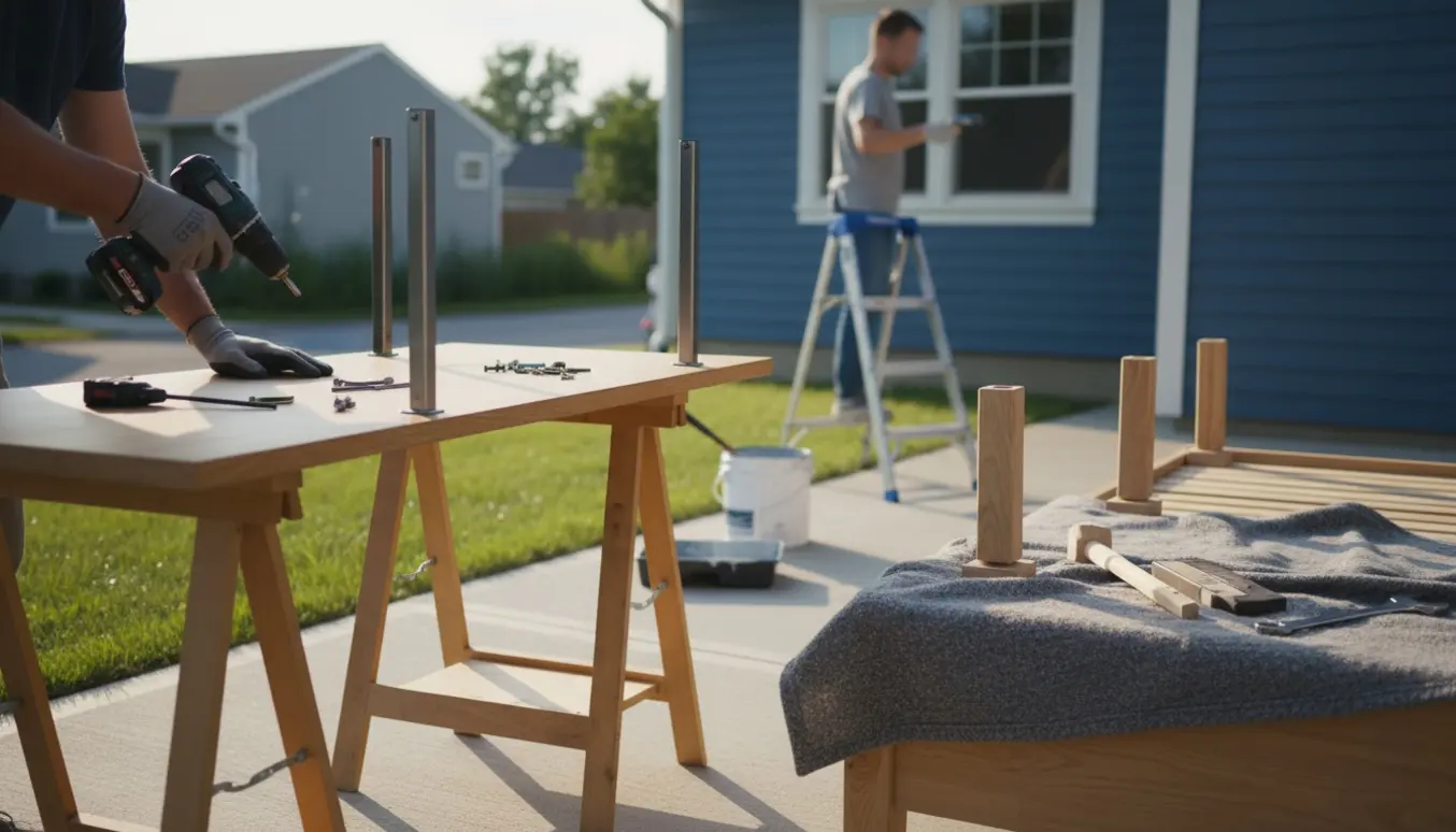 Nærbillede af værktøj og materialer til at montere bord og seng med en person, der maler husets yderside i baggrunden.