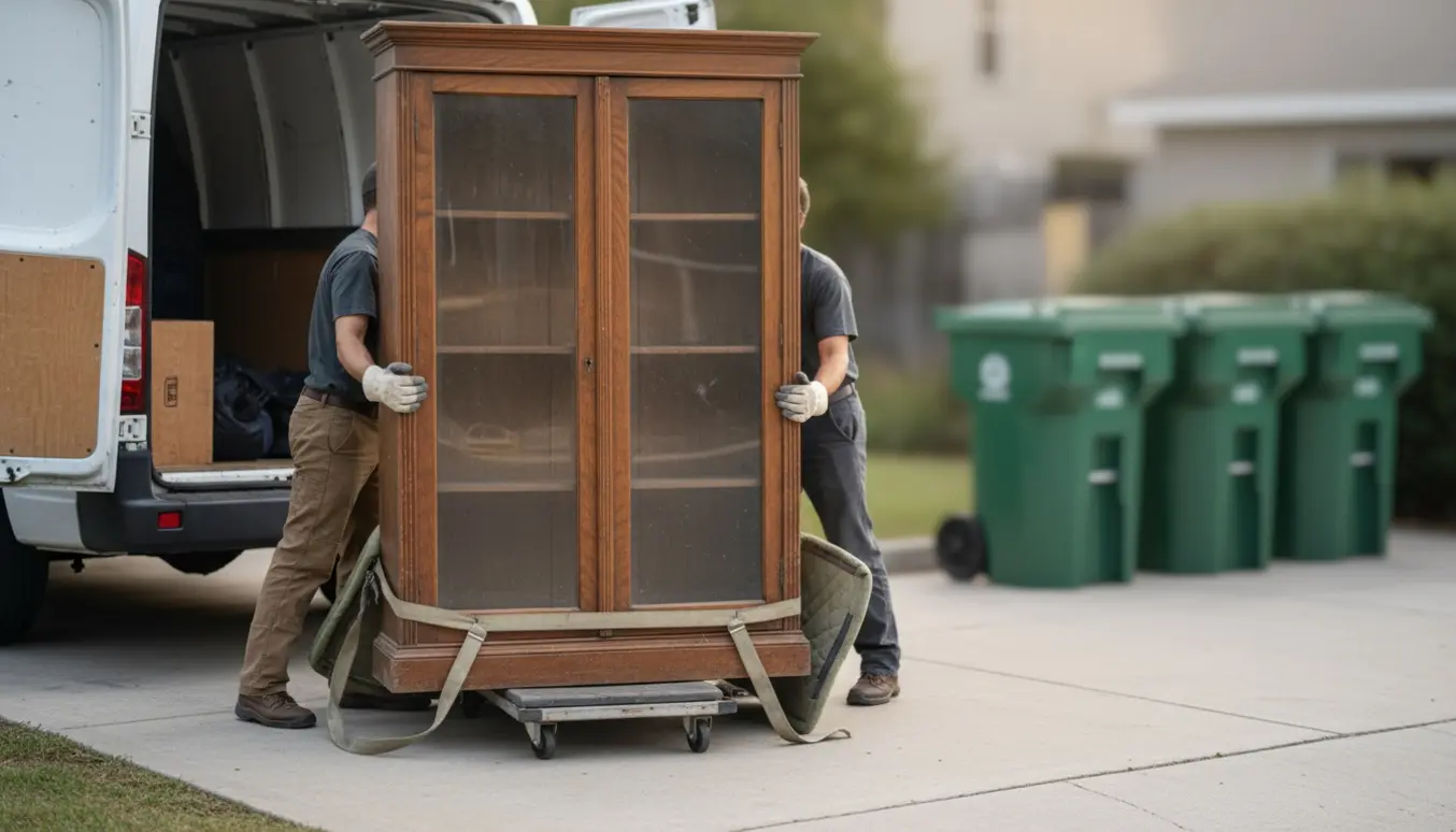 To frivillige læsser et tungt vitrineskab på en ubrandet indsamlingsvogn med dolly og flyttetæpper.
