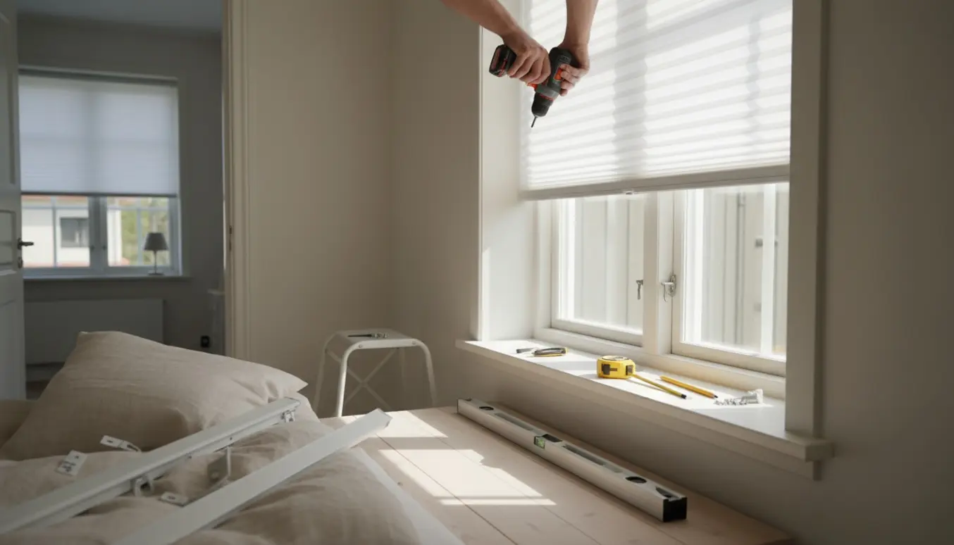 Installatør monterer plisségardin i et lyst soveværelse med værktøj og gardinskinne parat.