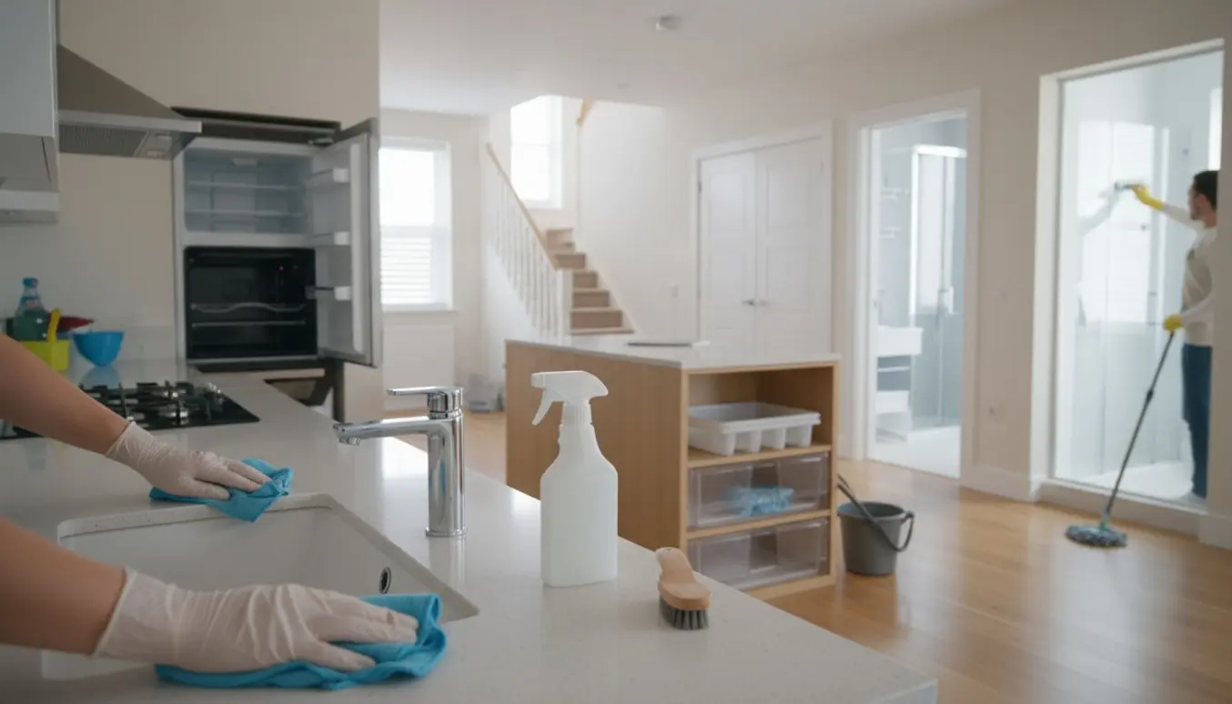 Rengøringshandsker pudser køkken og badeværelse i et moderne to-etagers rækkehus ved flytterengøring.