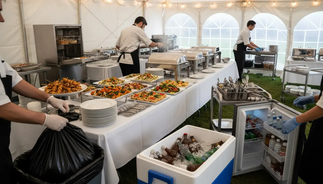 Cateringspersonale opsætter buffet i et telt, fylder drikkevarer op og skifter fyldte affaldsposer.