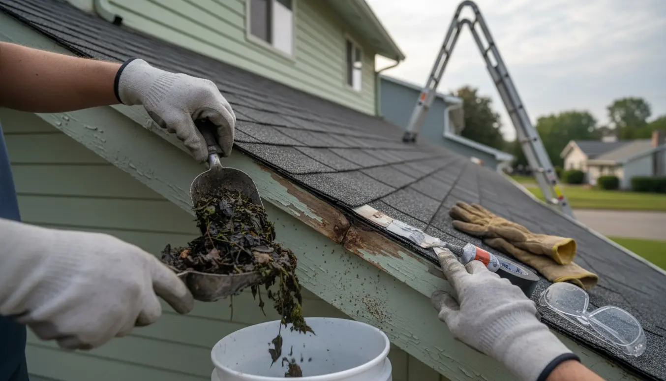 Handskerede hænder renser og lapper en tagrende ved en høj stige på et parcelhus.