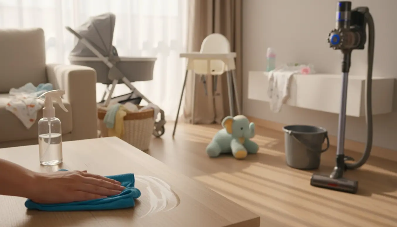 En voksen tørrer bordet af i en solbelyst stue med babylegetøj og rengøringsudstyr i baggrunden.