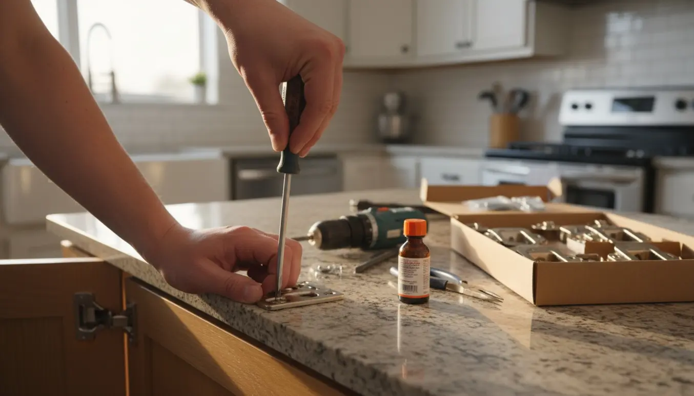 Nærbillede af hænder, der fjerner gamle køkkeskabshængsler med skruetrækker, nye hængsler ligger klar.